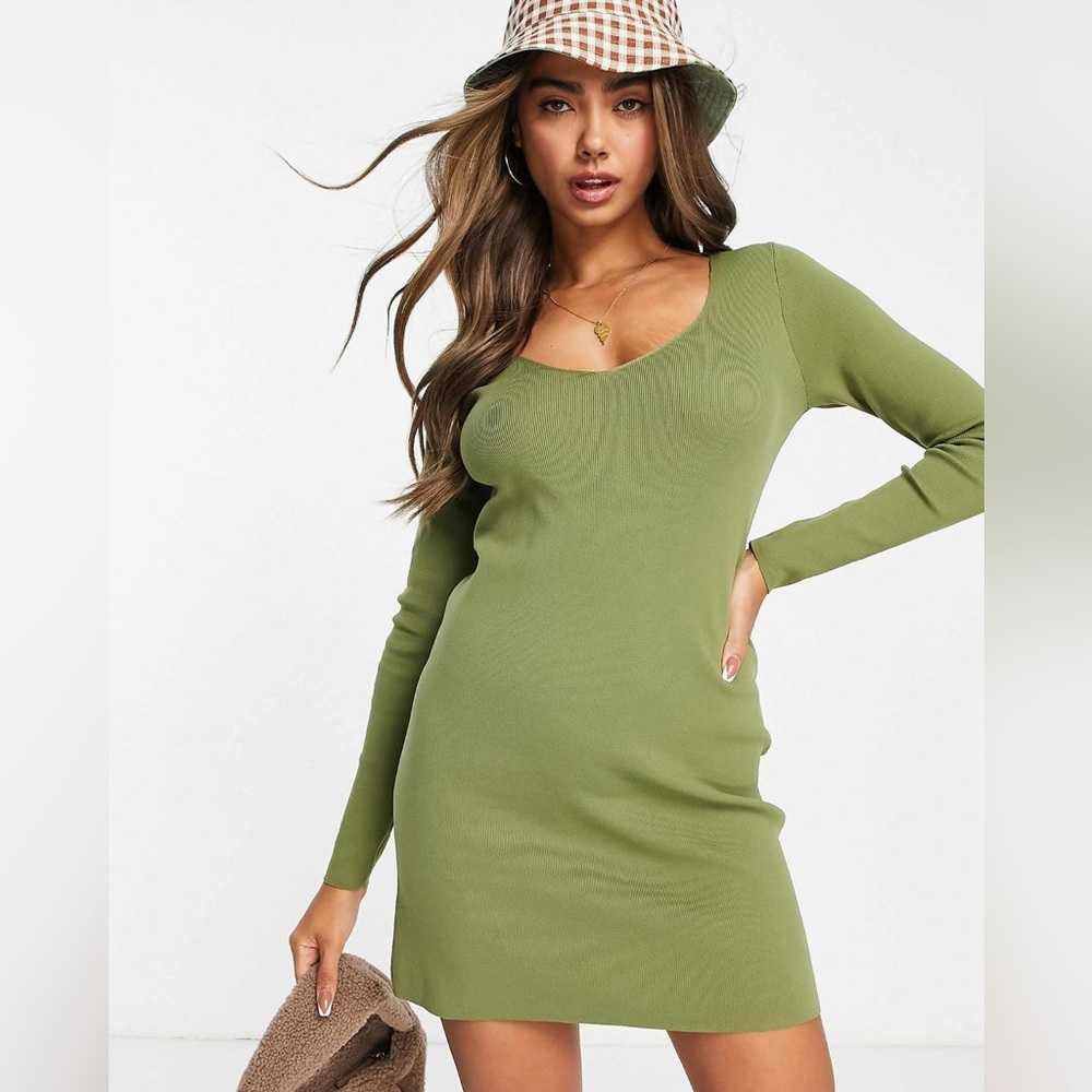 Stradivarius v-neck knit mini dress in mint olive